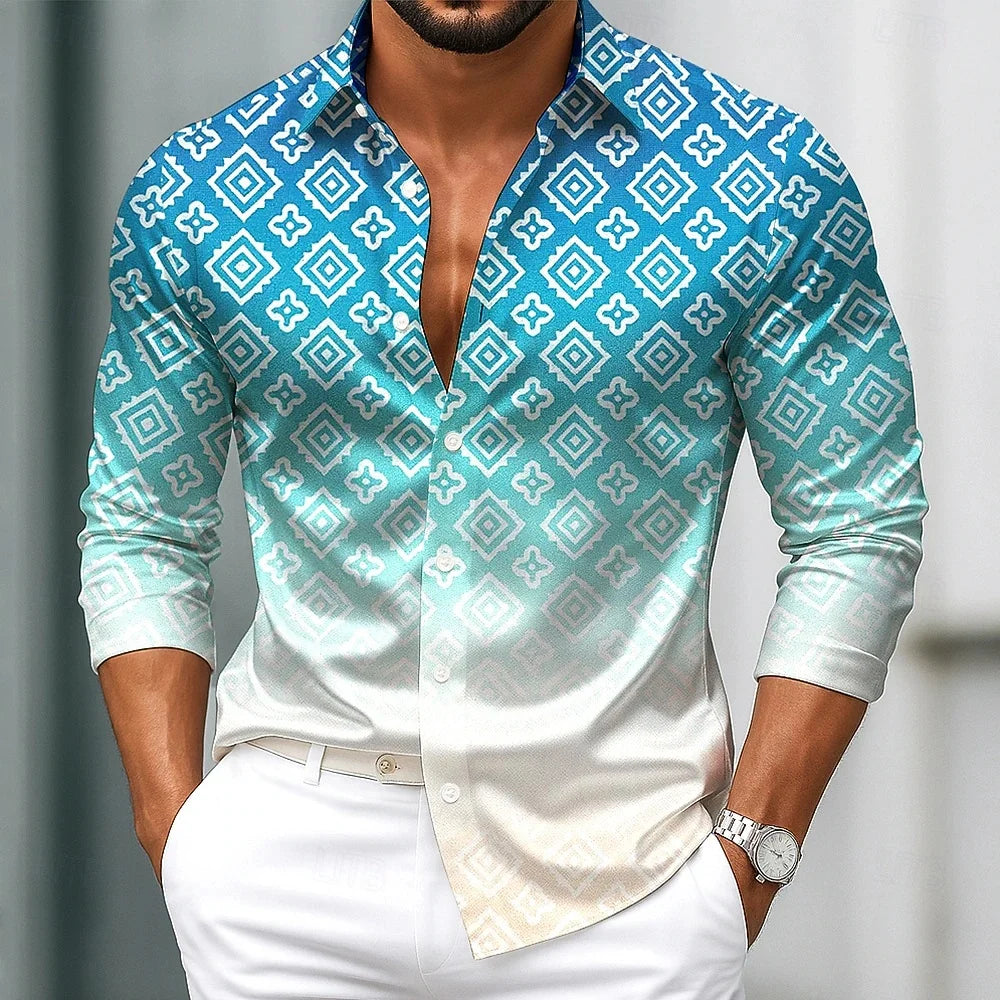 Men's Retro Print Shirt Long Sleeve Lapel Single-Breasted Comfortable Streetwear