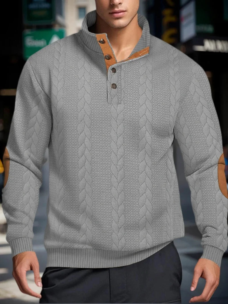 Men’s Knitted Jacquard Sweaters Button Stand-up Collar Warm Pullover Sweaters
