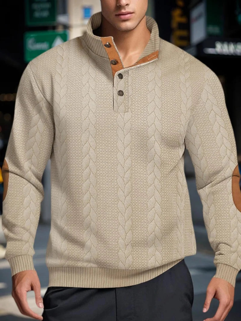 Men’s Knitted Jacquard Sweaters Button Stand-up Collar Warm Pullover Sweaters