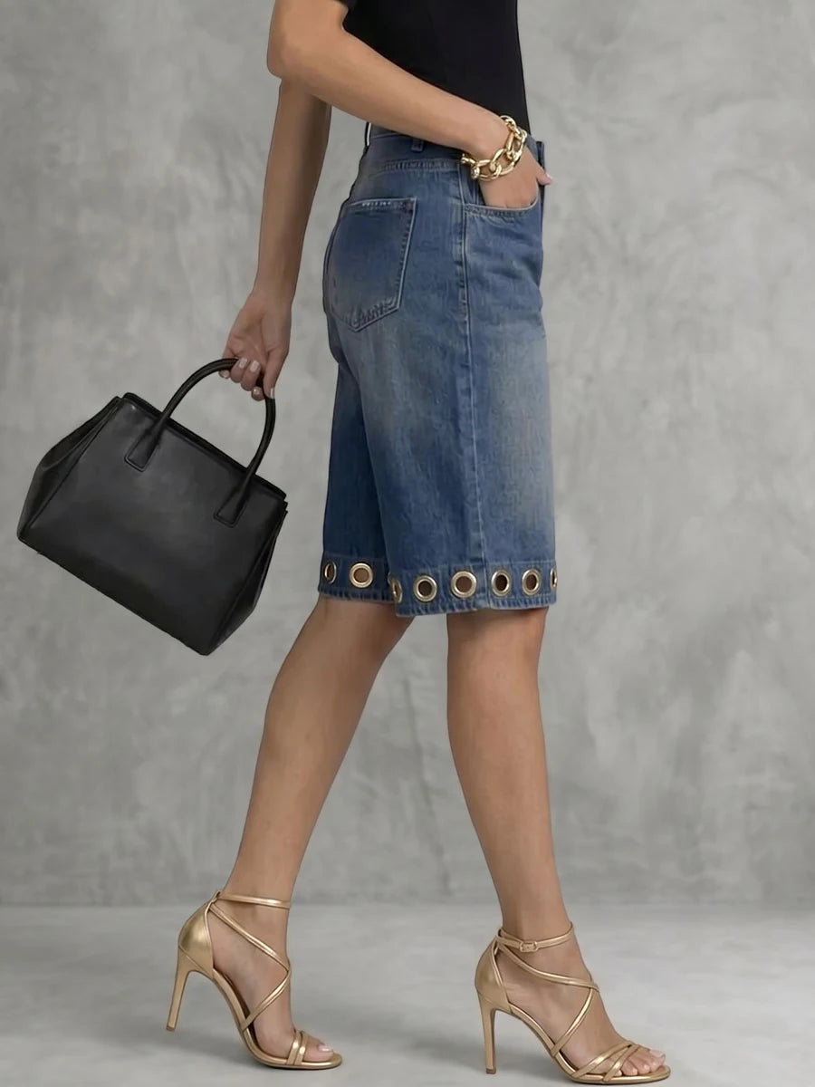 Bonboho Women's Eyelet Trim Denim Shorts Mid Blue High Waisted Wide Leg Bermuda Style