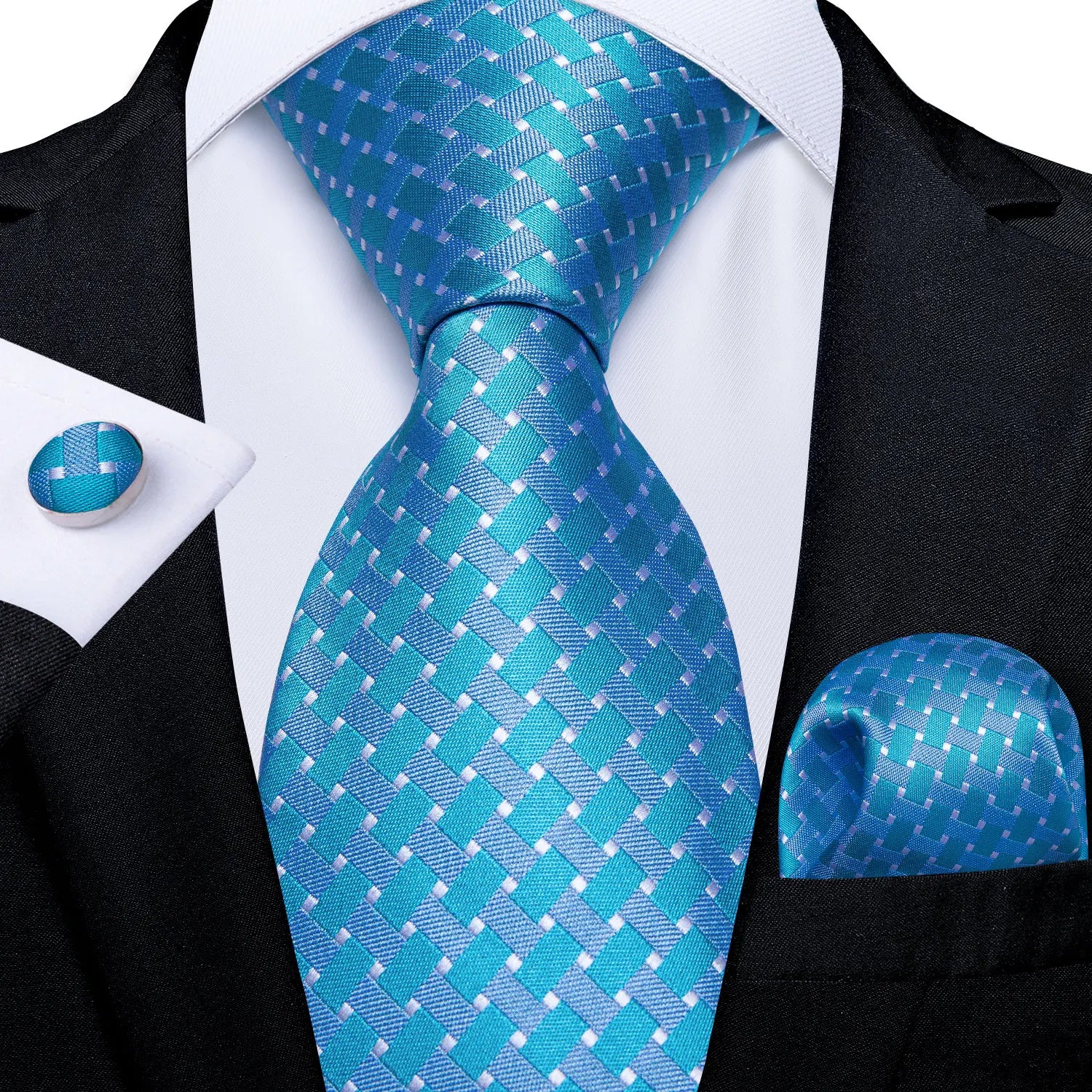Luxury Blue Plaid Dot Ties For Men Solid Wedding Accessories Neck Tie Handkerchief Cufflinks Set Gravatas Mens Gift DiBanGu