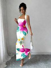 Hip-Hugging Sleeveless Long Skirt with Hanging Neck Design