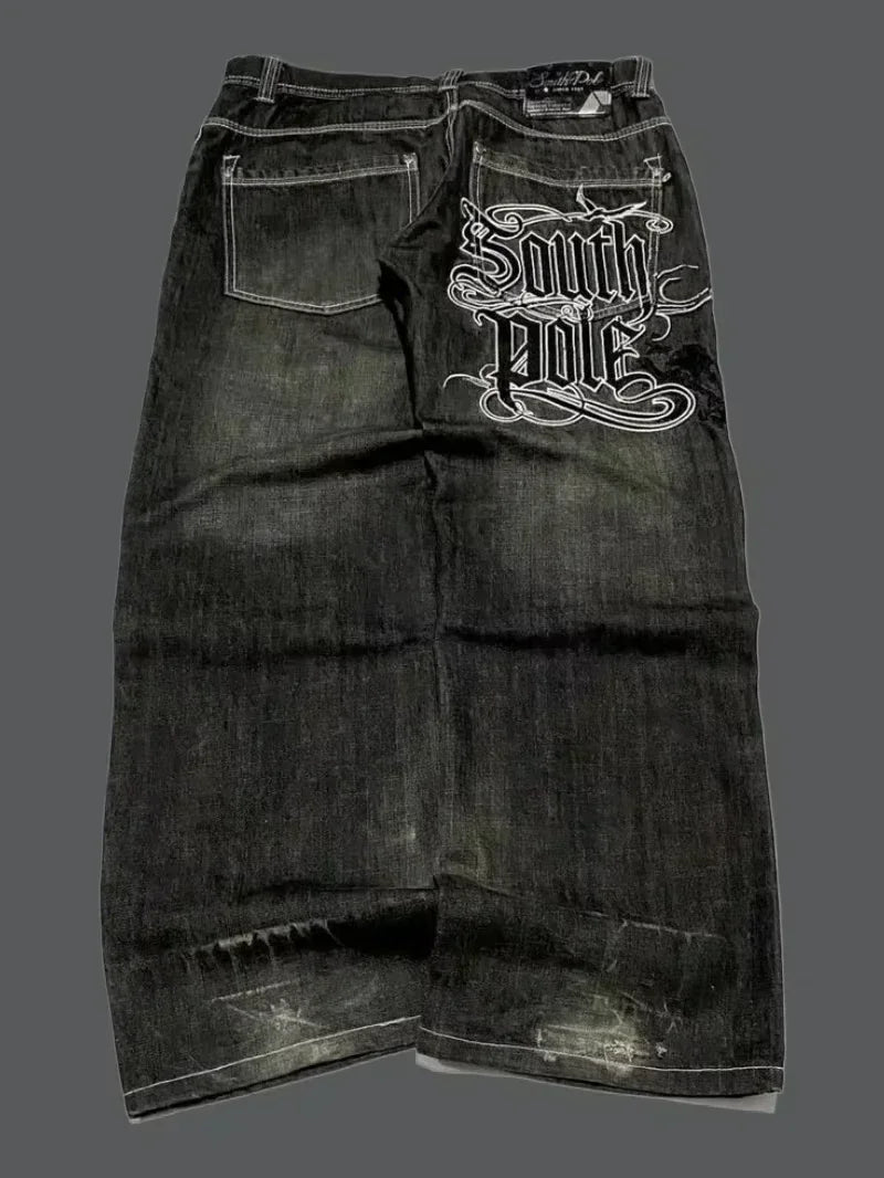 Letters Embroidered Big Pockets Washed Baggy Jeans Women High Street Vintage