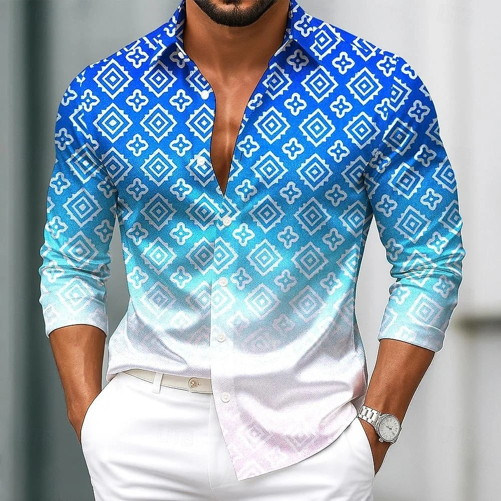 Men's Retro Print Shirt Long Sleeve Lapel Single-Breasted Comfortable Streetwear