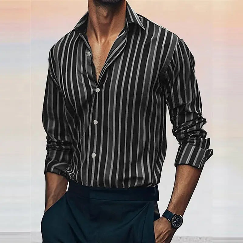 Men's Striped Shirt Fashionable Casual Long Sleeved Lapel Button Soft And Comfortable
