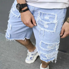 Denim Hole Knee Length Men Washed Jean Mid Waist Spliced Ripped Pockets