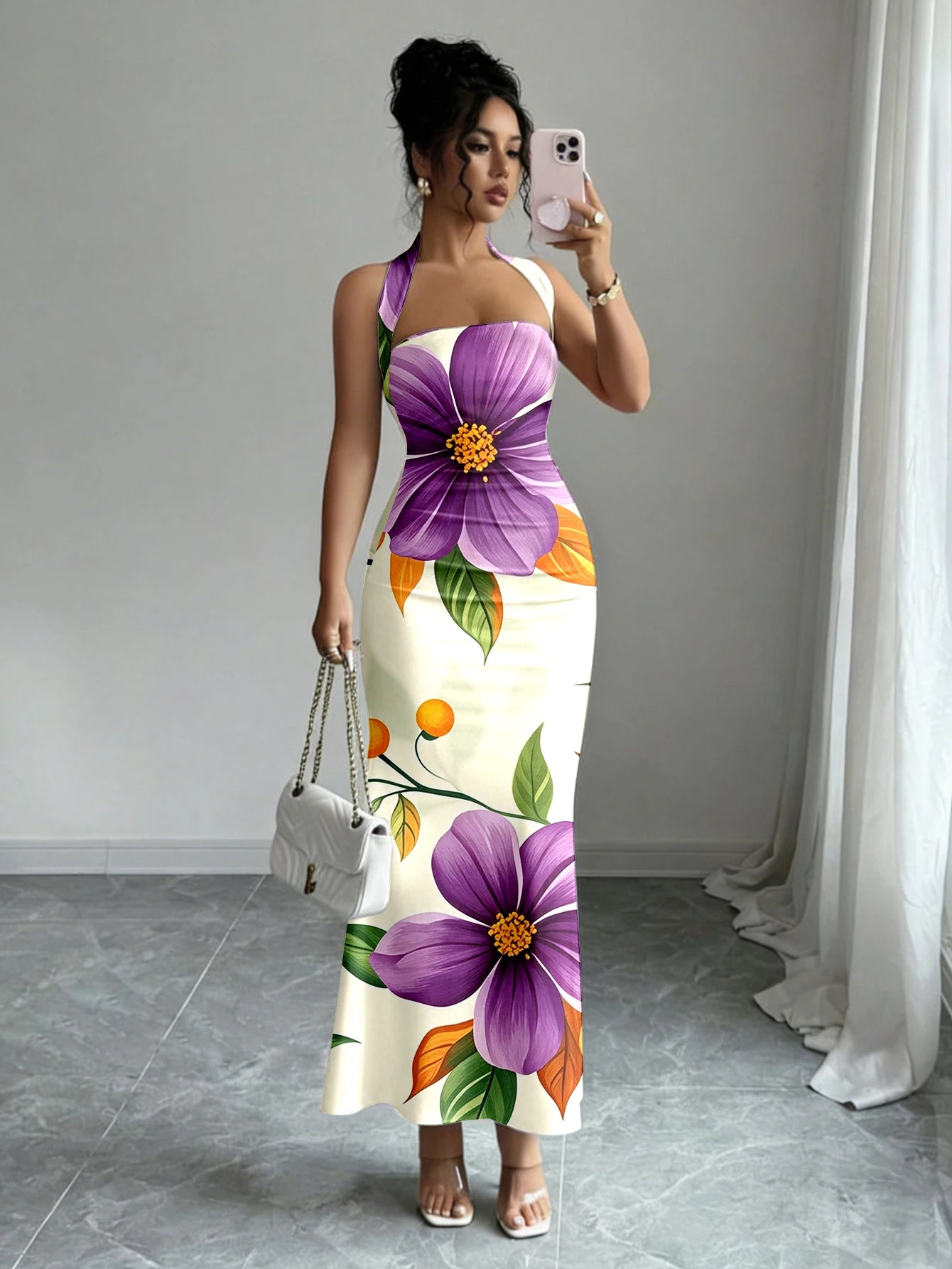 Hip-Hugging Sleeveless Long Skirt with Hanging Neck Design