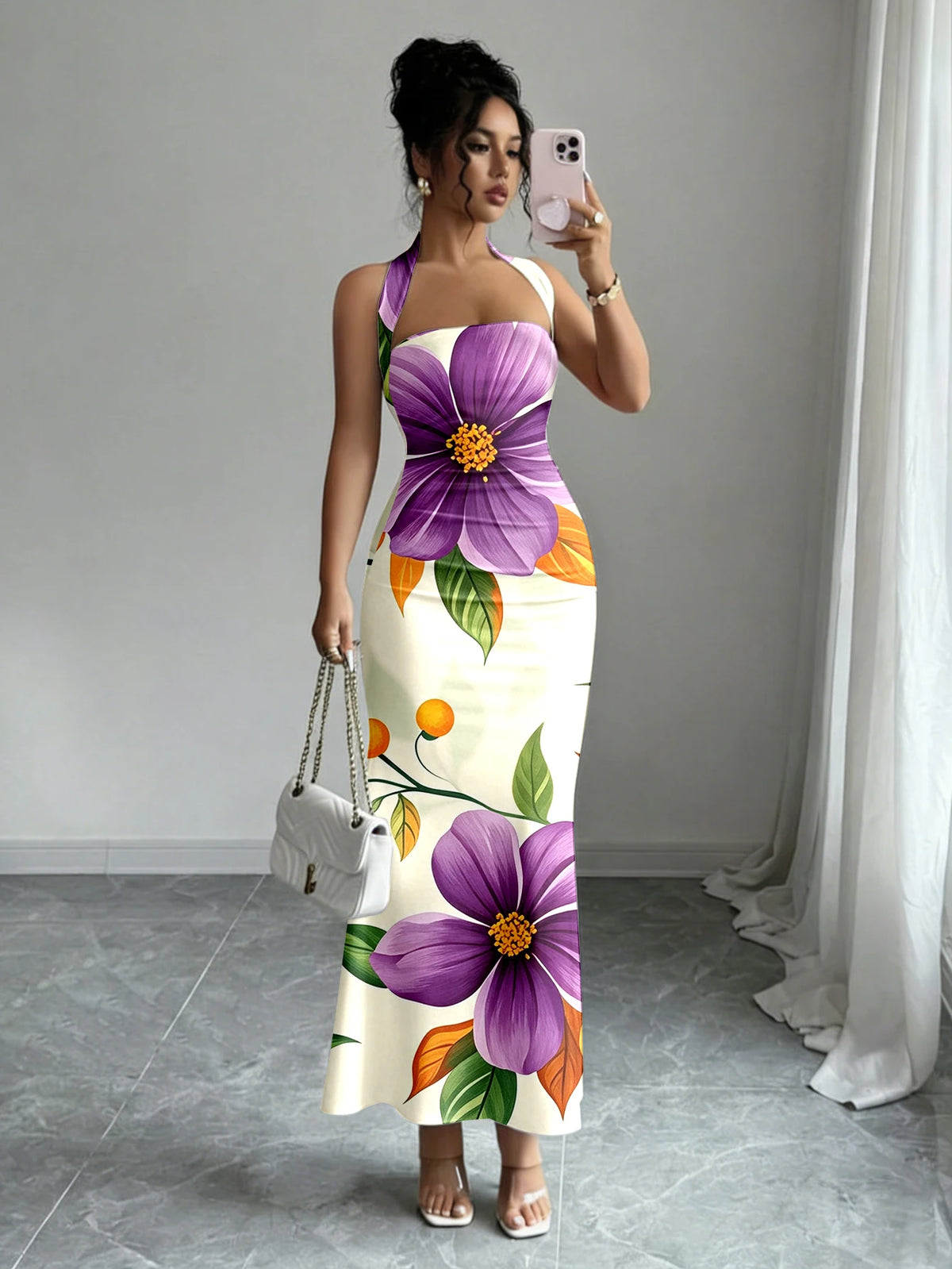 Hip-Hugging Sleeveless Long Skirt with Hanging Neck Design