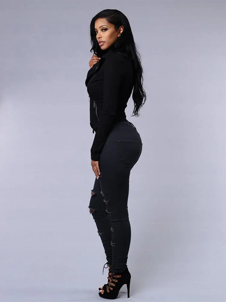Elastic Trousers Black and White Ripped Jeans Fashion Sexy Skinny Denim Pencil Pants