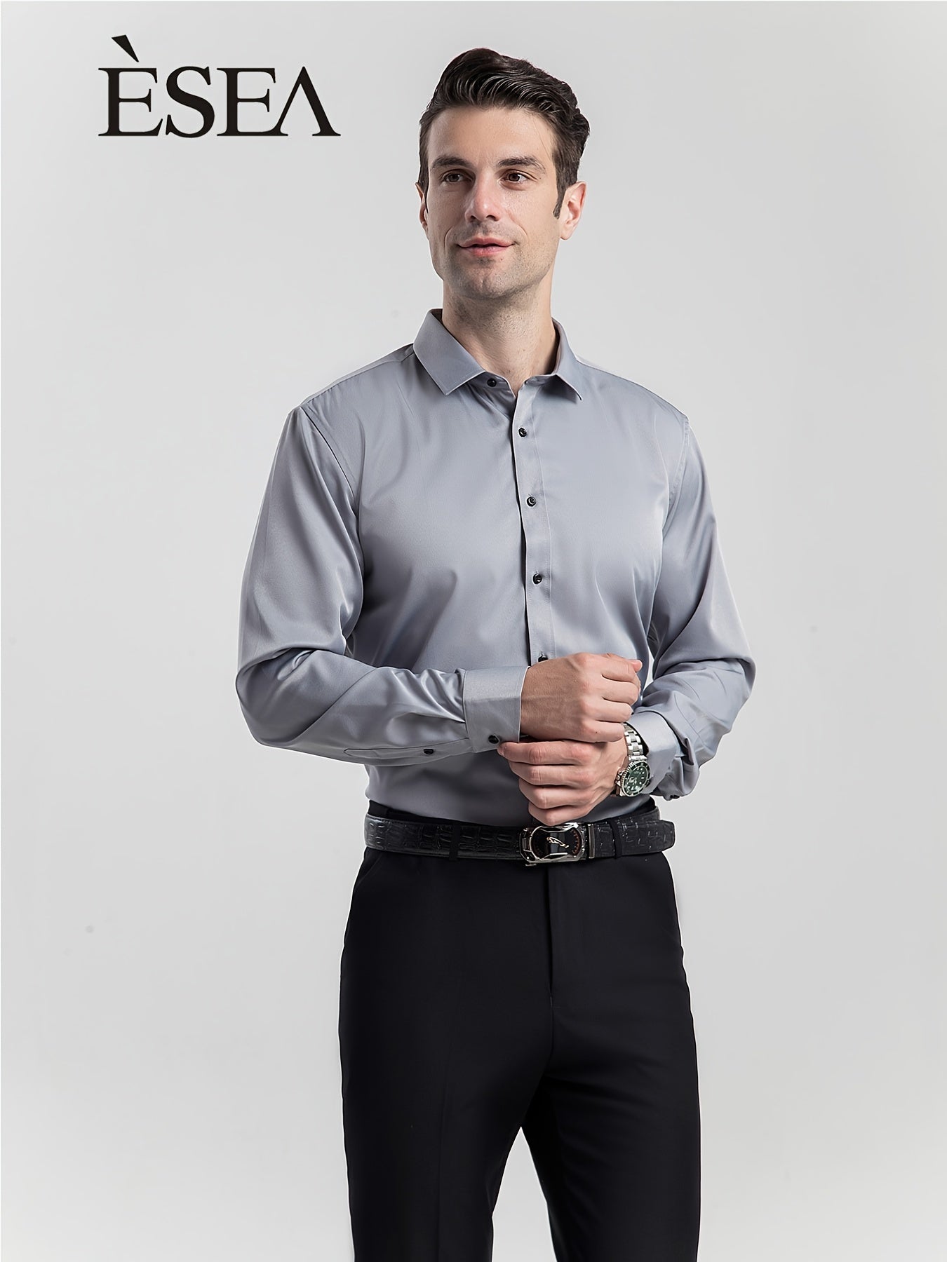 Men'S Stretch Slim-Fit Formal Shirt Without Pockets, Light Business Turn- Collar Long-Sleeved Shirt, Men'S Business Shirt, Wrinkle-Resistant And Durable Solid Color Formal Long-Sleeved Shirt with Buttons And Pockets, Suitable