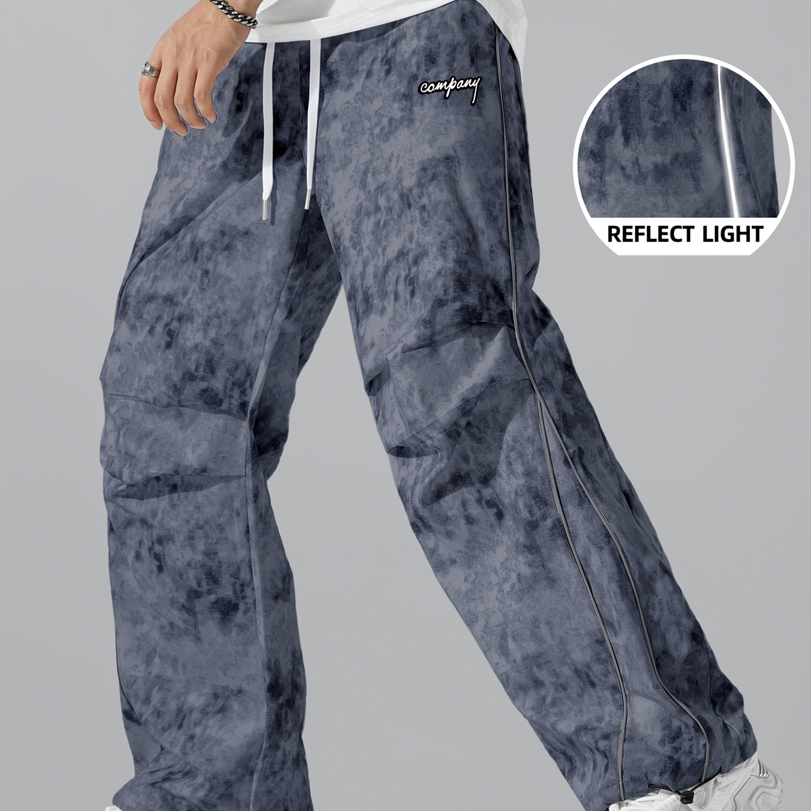 All-Season Digital Print Fashionable Loose Straight-Leg Cargo Pants, Dirty Pants, Sports Pants, Umbrella Pants, Motorcycle Casual Pants, Breathable, Wrinkle-Resistant, Smooth Texture, Reflective Strap Design, Elastic Drawstri