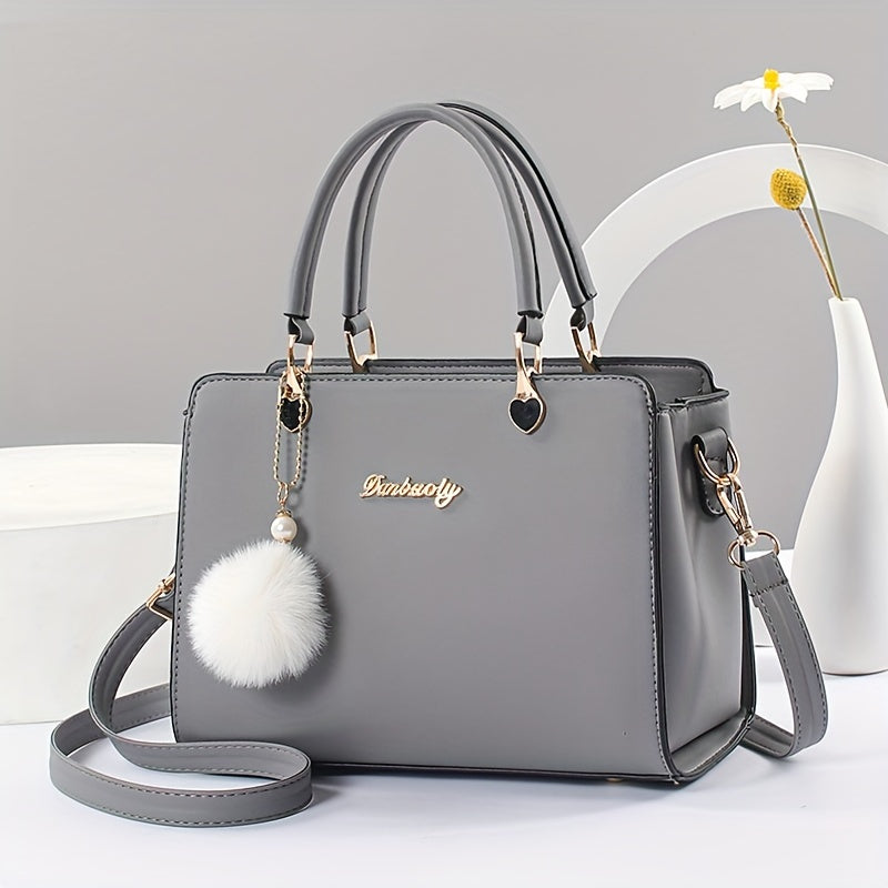 Solid Color Faux Leather Shoulder Bag - Detachable Strap, Zip Closure, Multi-Layer Crossbody Design, Polyester Lining, Fade-Resistant, Pom-Pom Pendant - The Perfect Holiday Gift for Valentine'S Day, Mother'S Day