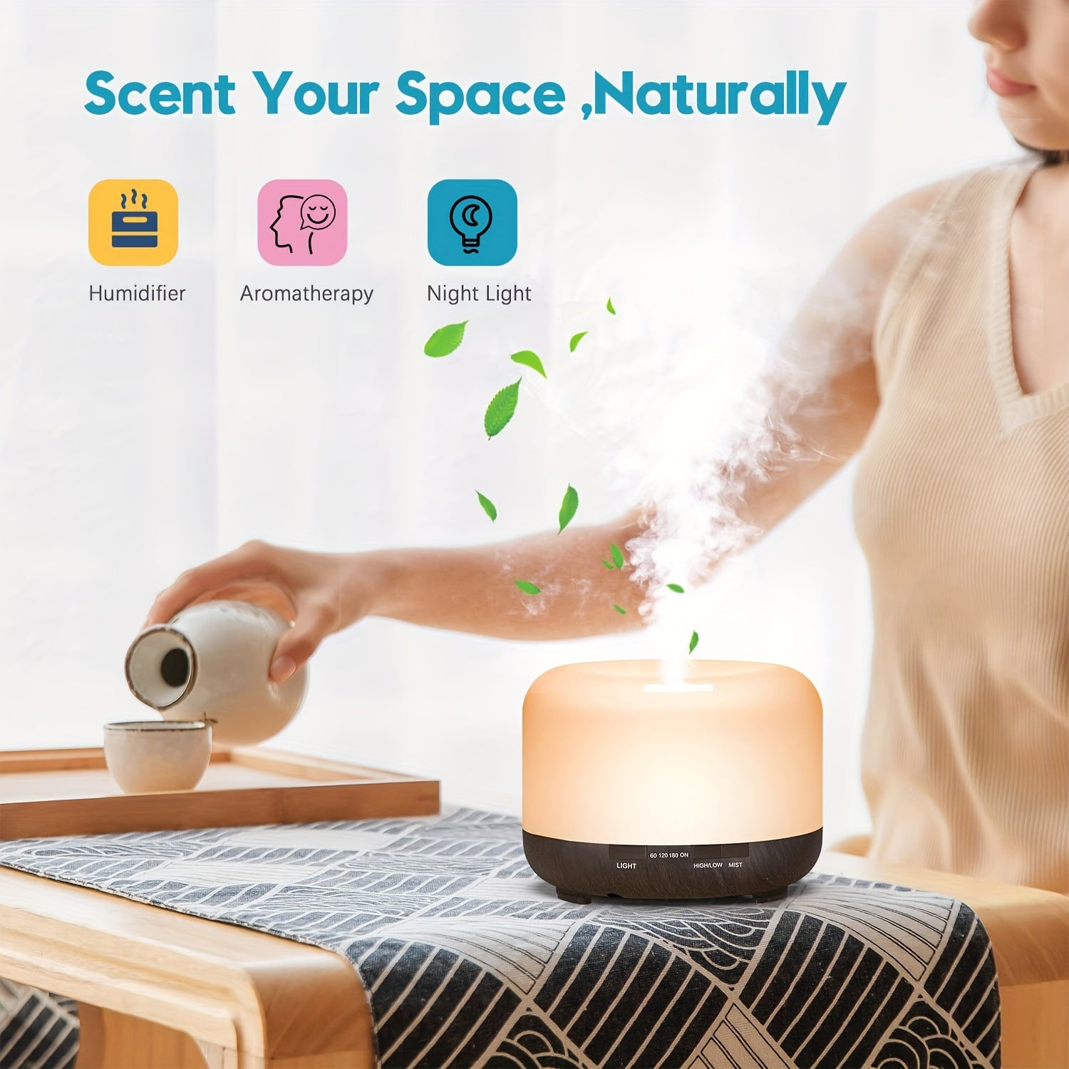 500ml USB-Powered Wood Grain Aromatherapy Diffuser with Remote Control - Auto Shut-Off and Soothing Essential Oil Aroma for Home, Office, and Bedroom