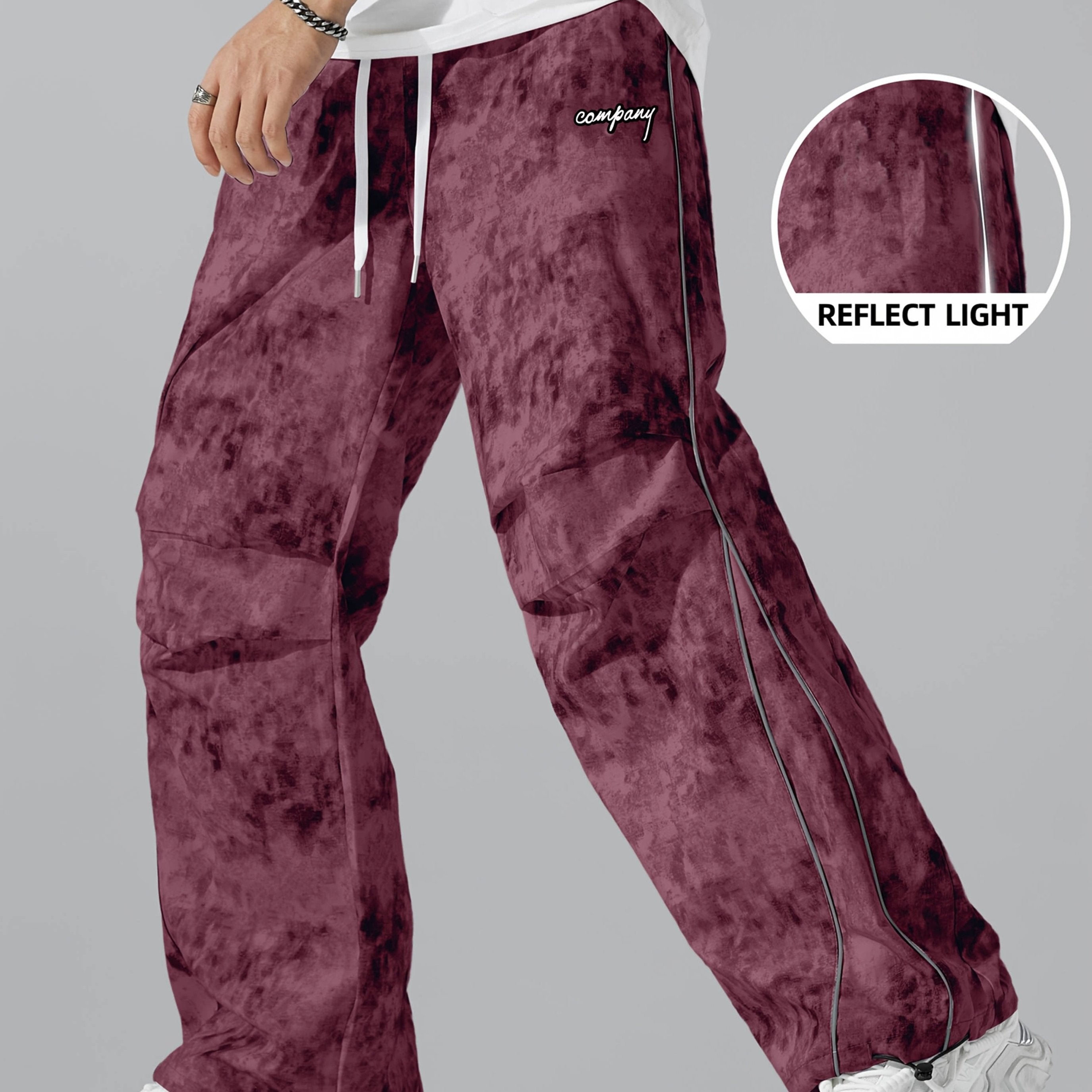 All-Season Digital Print Fashionable Loose Straight-Leg Cargo Pants, Dirty Pants, Sports Pants, Umbrella Pants, Motorcycle Casual Pants, Breathable, Wrinkle-Resistant, Smooth Texture, Reflective Strap Design, Elastic Drawstri