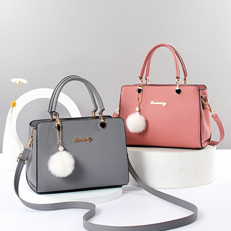 Solid Color Faux Leather Shoulder Bag - Detachable Strap, Zip Closure, Multi-Layer Crossbody Design, Polyester Lining, Fade-Resistant, Pom-Pom Pendant - The Perfect Holiday Gift for Valentine'S Day, Mother'S Day