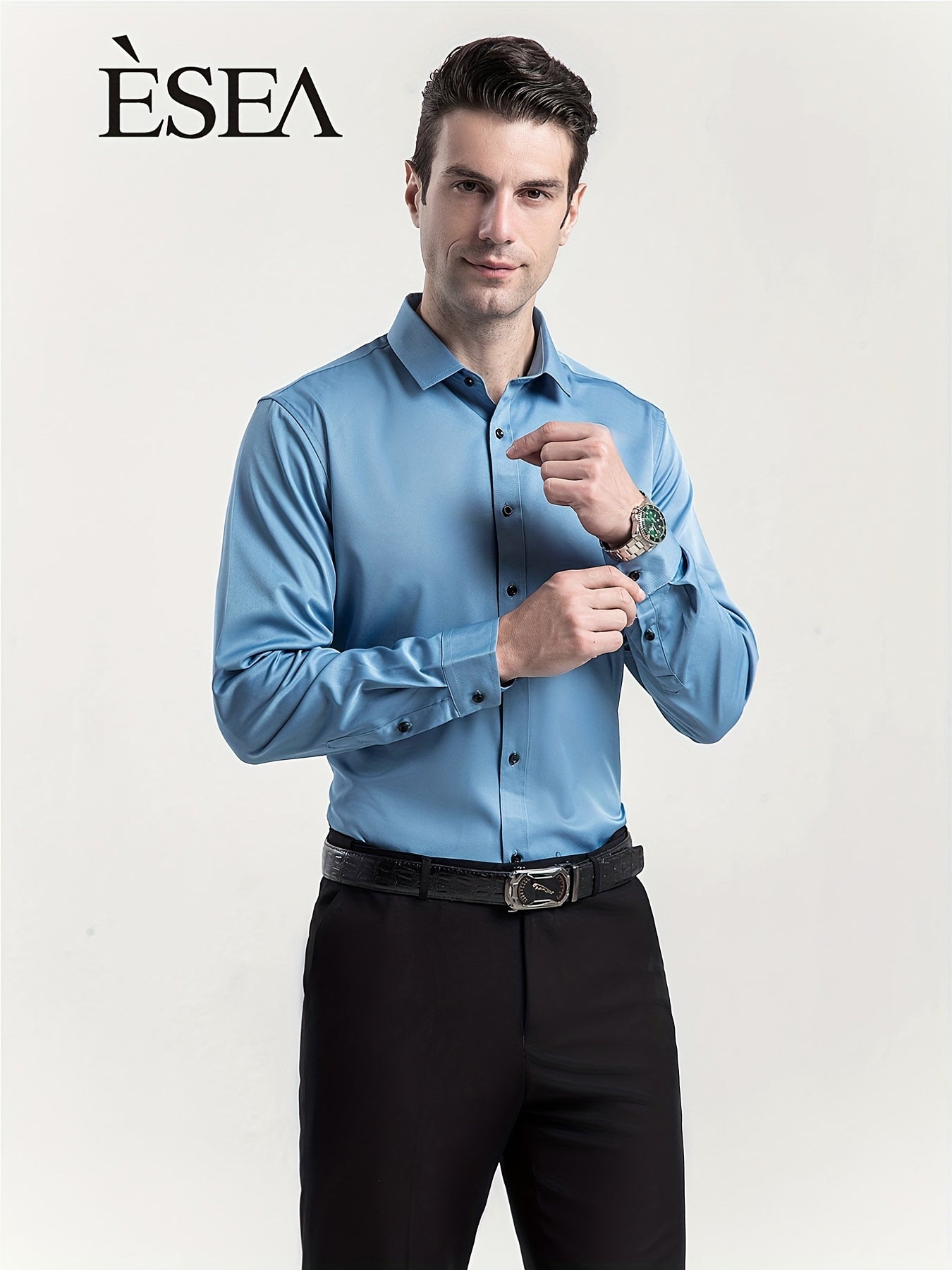 Men'S Stretch Slim-Fit Formal Shirt Without Pockets, Light Business Turn- Collar Long-Sleeved Shirt, Men'S Business Shirt, Wrinkle-Resistant And Durable Solid Color Formal Long-Sleeved Shirt with Buttons And Pockets, Suitable