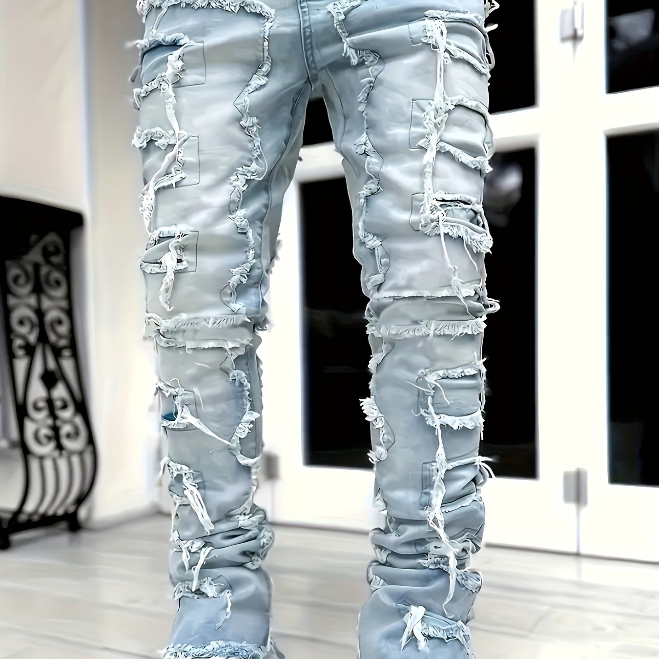 Men'S Casual Stretch Faux Denim with Creative Tassel Decoration, Tailored for a Slim Fit, Embodying Street Style for Hip-Hop And Skate Culture, Men Jean For Men, Black Jean Men, Pant For Men Jean, Men Skinny Jean, White Jean