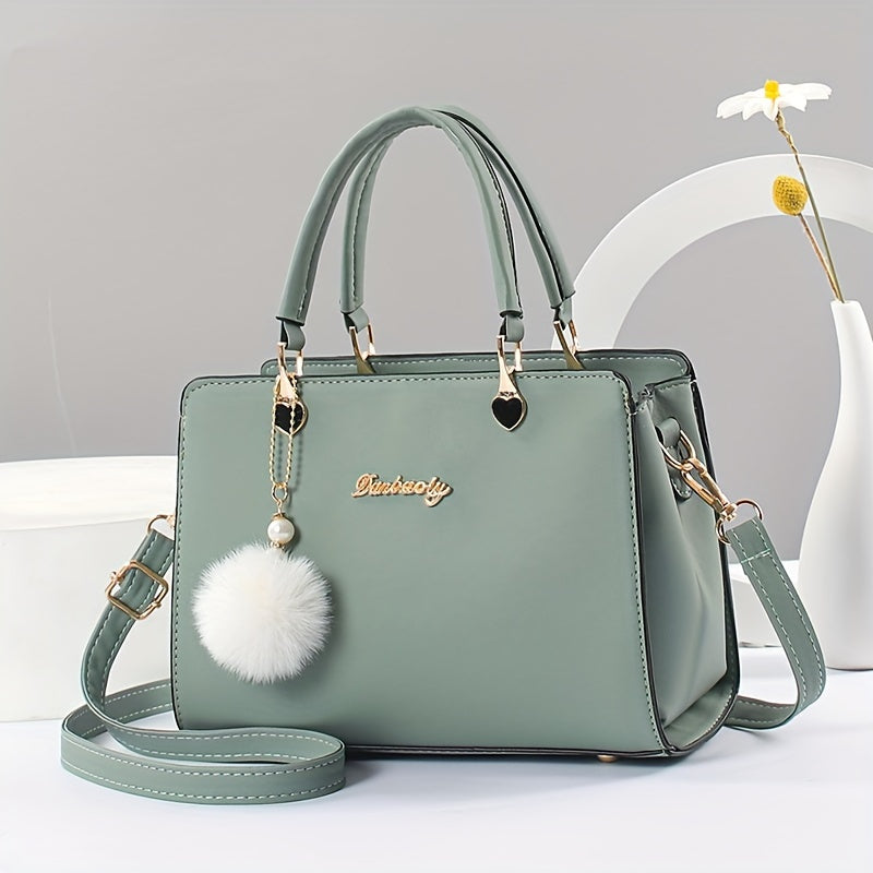 Solid Color Faux Leather Shoulder Bag - Detachable Strap, Zip Closure, Multi-Layer Crossbody Design, Polyester Lining, Fade-Resistant, Pom-Pom Pendant - The Perfect Holiday Gift for Valentine'S Day, Mother'S Day