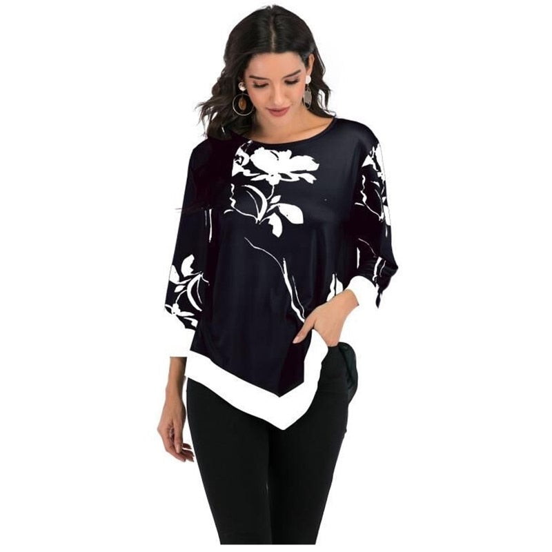 Women Spring Summer Floral Printing Blouse 3/4 Sleeve Casual Hem Irregularity Female fashion shirt Tops Oversized