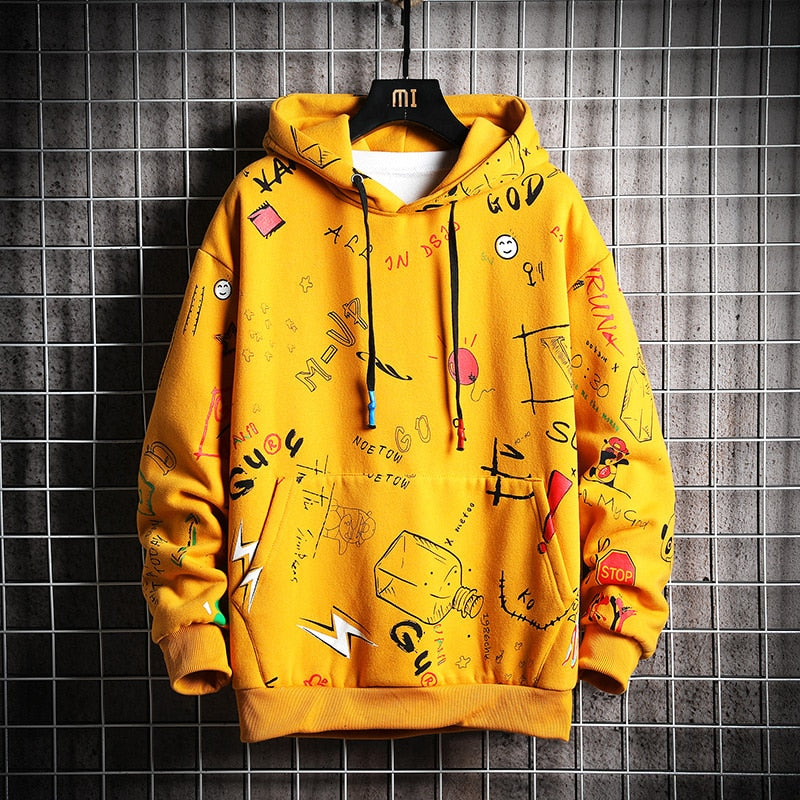 Single Road Men&#39;s Anime Hoodies Men Hip Hop Harajuku Sweatshirt Male Japanese Streetwear Oversized Yellow Hoodie Men Fashion