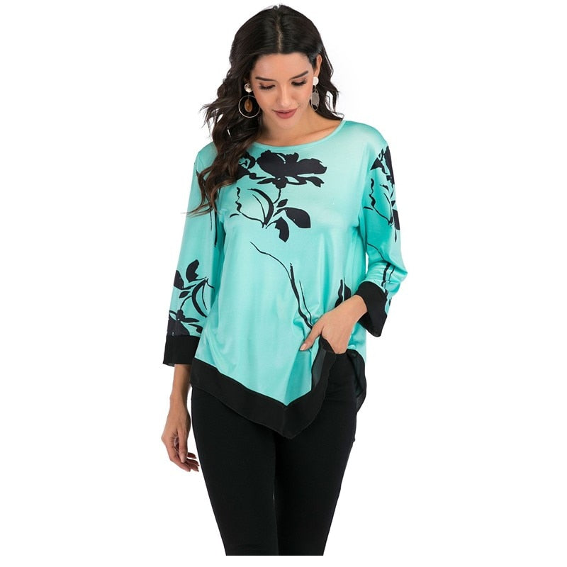 Women Spring Summer Floral Printing Blouse 3/4 Sleeve Casual Hem Irregularity Female fashion shirt Tops Oversized