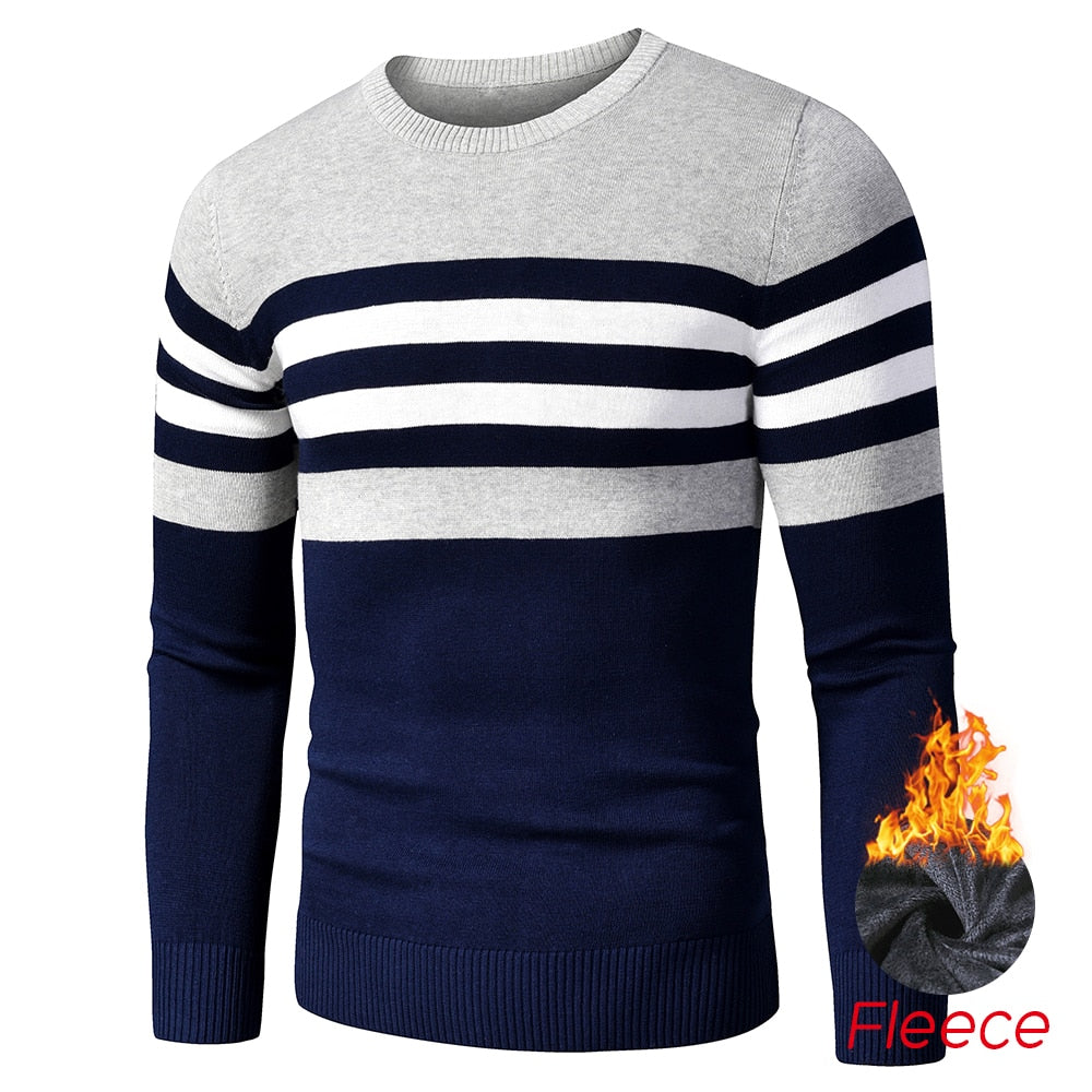 4XL Men Autumn New Casual Striped Thick Fleece Cotton Sweater Pullovers Men Outfit Fashion Vintage O-Neck Coat Sweater Men