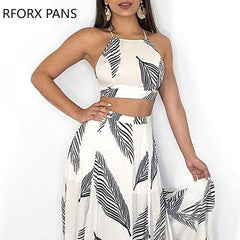 Women Leaf Print Backless Two Pieces Dress Cami Top &amp; Split Maxi Set  Dress