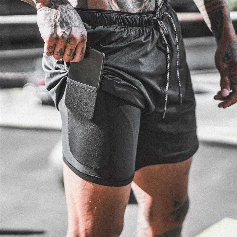 Men&#39;s Casual Shorts 2 in 1 Running Shorts Quick Drying Sport Shorts Gyms Fitness Bodybuilding Workout Built-in Pockets Short Men