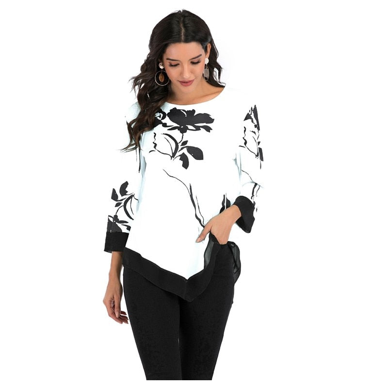 Women Spring Summer Floral Printing Blouse 3/4 Sleeve Casual Hem Irregularity Female fashion shirt Tops Oversized