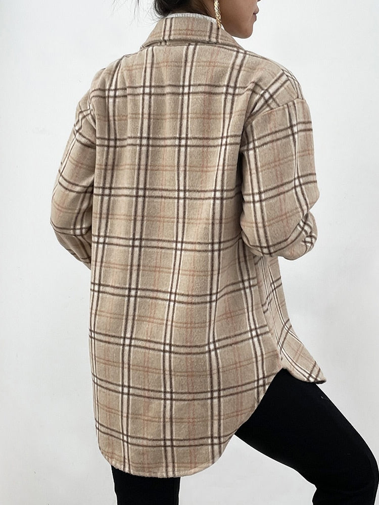 Autumn Spring Vintag Plaid Long Sleeve Pocket Collared Shirts