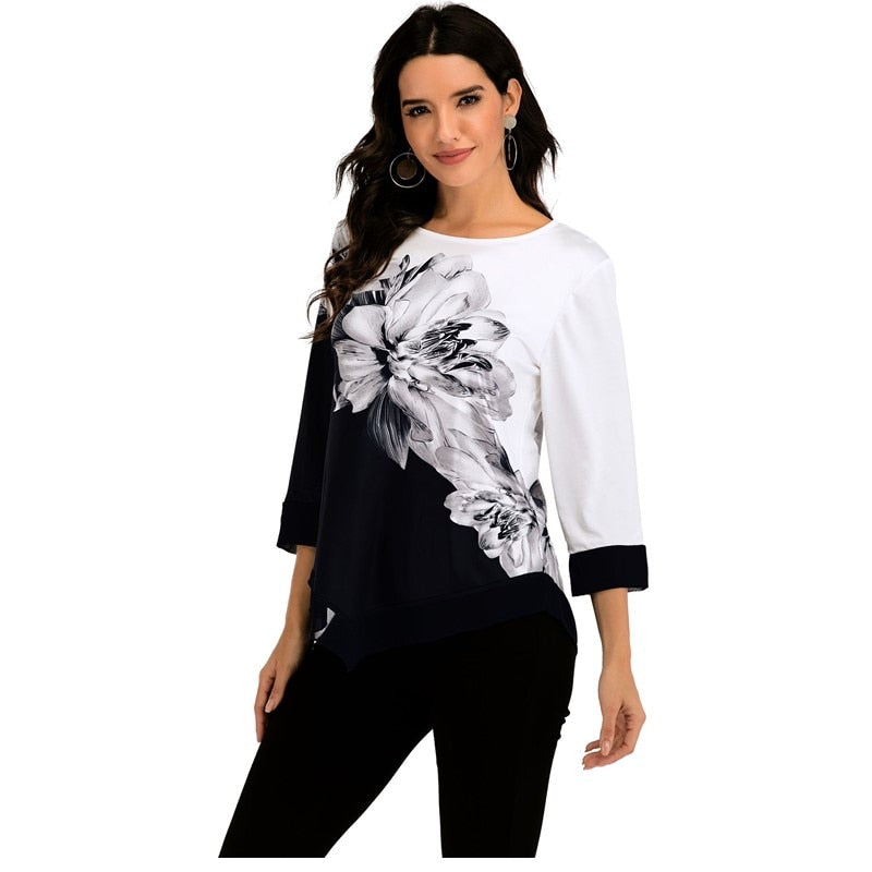 Women Spring Summer Floral Printing Blouse 3/4 Sleeve Casual Hem Irregularity Female fashion shirt Tops Oversized