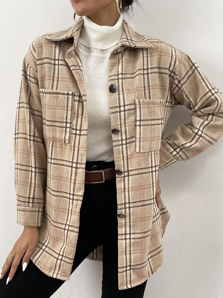 Autumn Spring Vintag Plaid Long Sleeve Pocket Collared Shirts