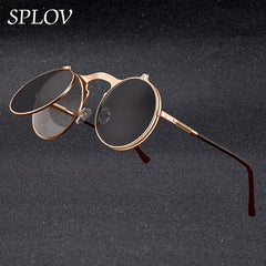 SPLOV Vintage Steampunk Flip Sunglasses Retro Round Metal Frame For Men Women