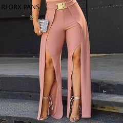 Solid Long Slit With Belt Sexy Casual Pants