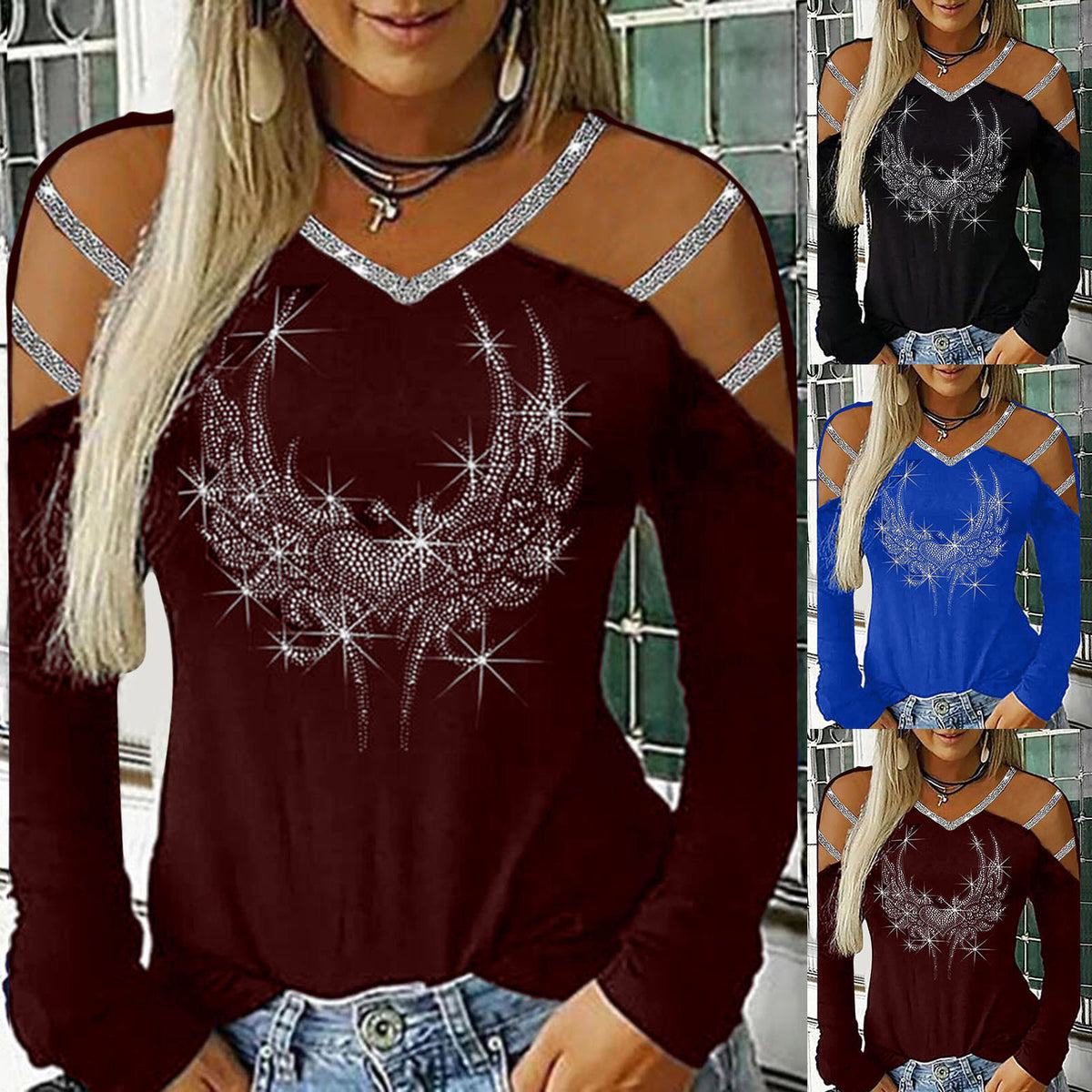 Fashion Bling Rhinestone Long Sleeve Blusas Pullover