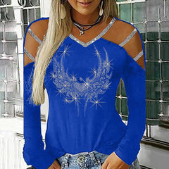 Fashion Bling Rhinestone Long Sleeve Blusas Pullover