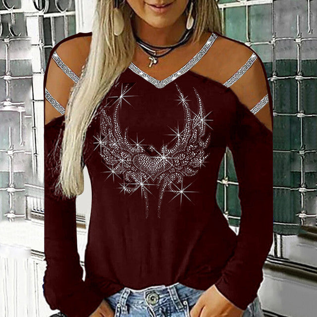 Fashion Bling Rhinestone Long Sleeve Blusas Pullover