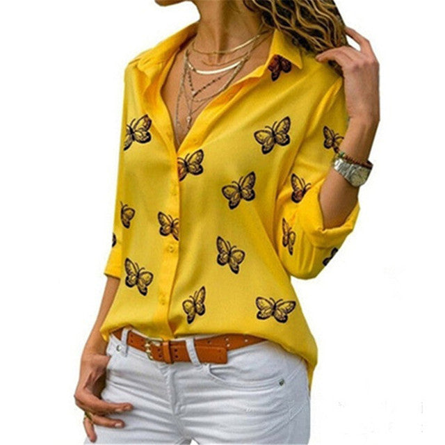 Fashion Butterfly Print Casual Blouse Long Sleeve Elegant Shirt