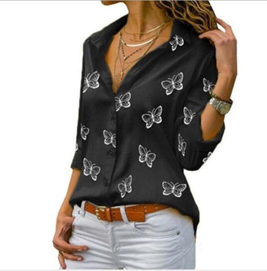 Fashion Butterfly Print Casual Blouse Long Sleeve Elegant Shirt