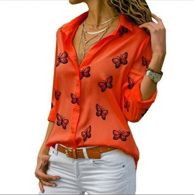 Fashion Butterfly Print Casual Blouse Long Sleeve Elegant Shirt