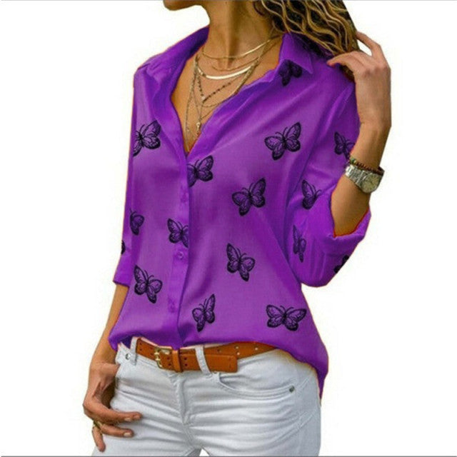 Fashion Butterfly Print Casual Blouse Long Sleeve Elegant Shirt