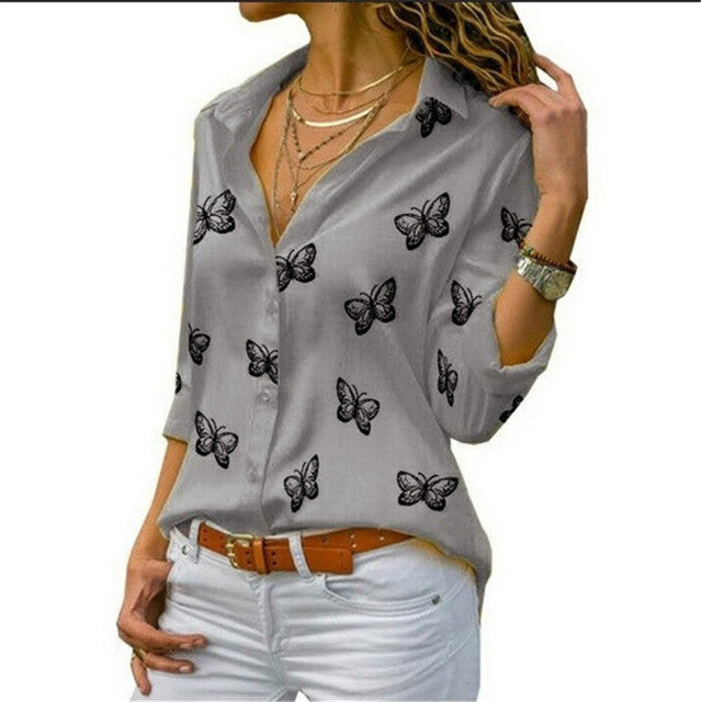 Fashion Butterfly Print Casual Blouse Long Sleeve Elegant Shirt