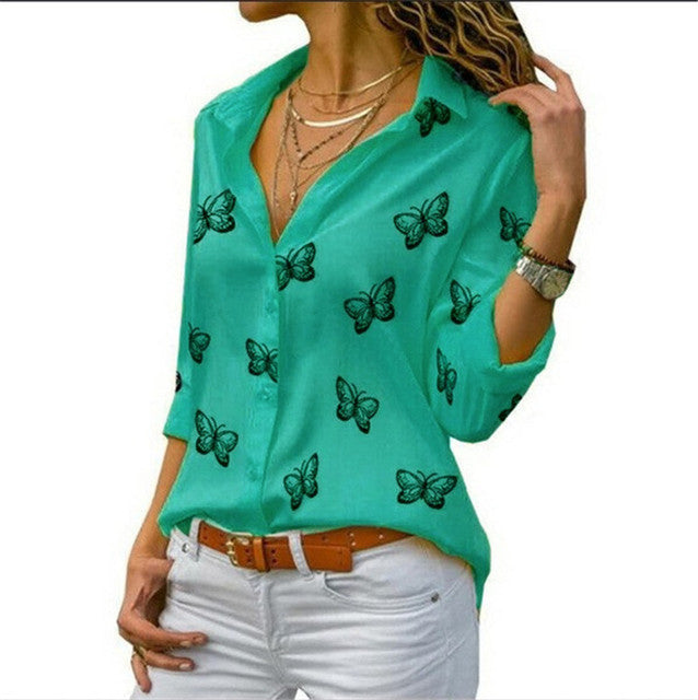 Fashion Butterfly Print Casual Blouse Long Sleeve Elegant Shirt