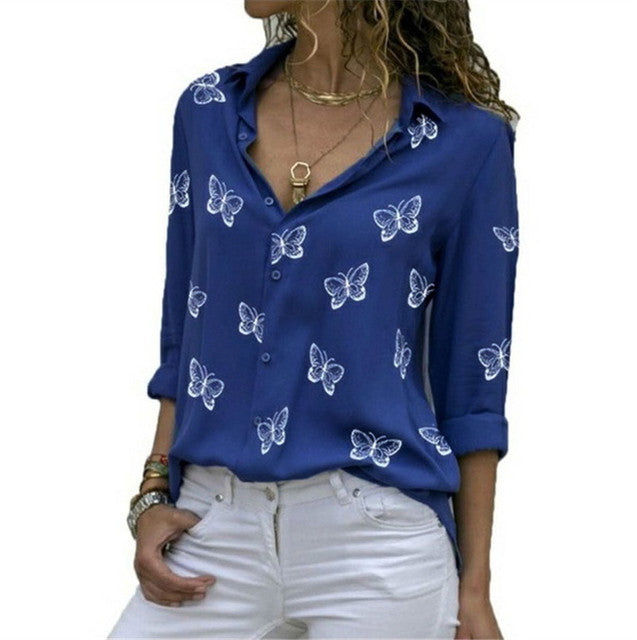 Fashion Butterfly Print Casual Blouse Long Sleeve Elegant Shirt