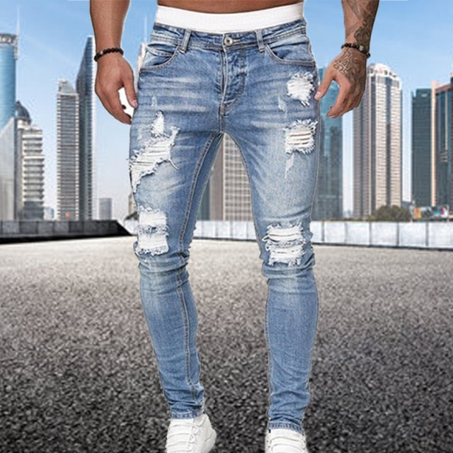 Fashion Street Style Ripped Skinny Jeans Vintage wash Solid Denim