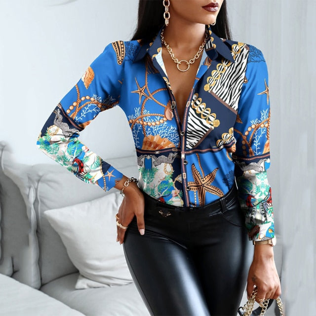 Casual Office Print Shirts Autumn Fashion Button Long Sleeve