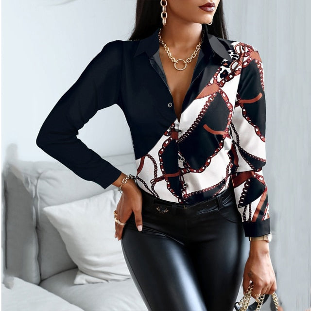 Casual Office Print Shirts Autumn Fashion Button Long Sleeve