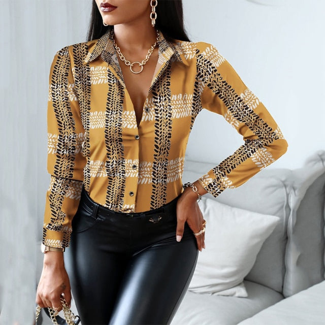 Casual Office Print Shirts Autumn Fashion Button Long Sleeve