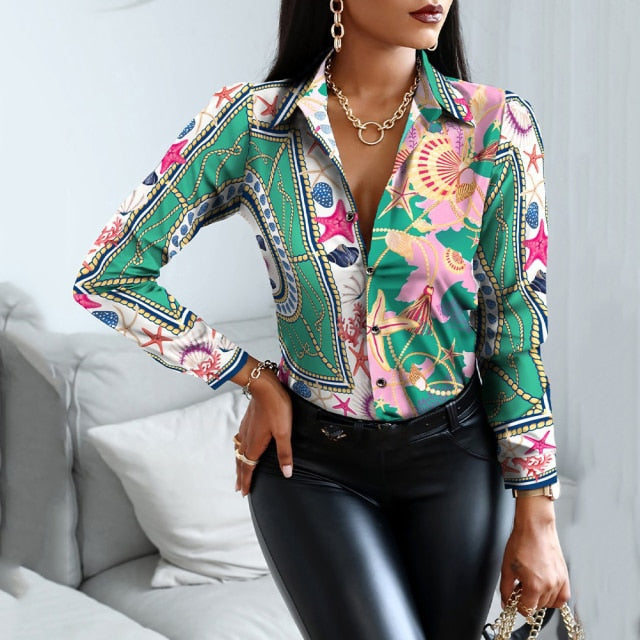 Casual Office Print Shirts Autumn Fashion Button Long Sleeve