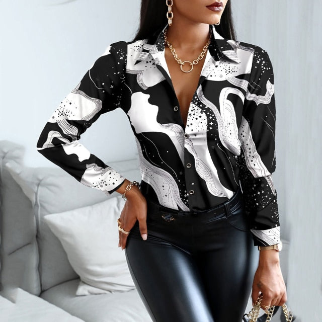 Casual Office Print Shirts Autumn Fashion Button Long Sleeve